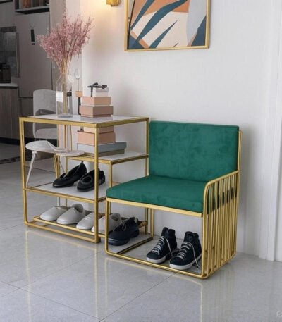 Green Velvet Gold Shoe Rack Bench