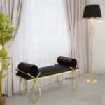 Luxury Black Velvet Bench with Golden Frame & Cushions