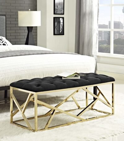 Luxury Black Velvet Bench with Golden Frame & Cushions
