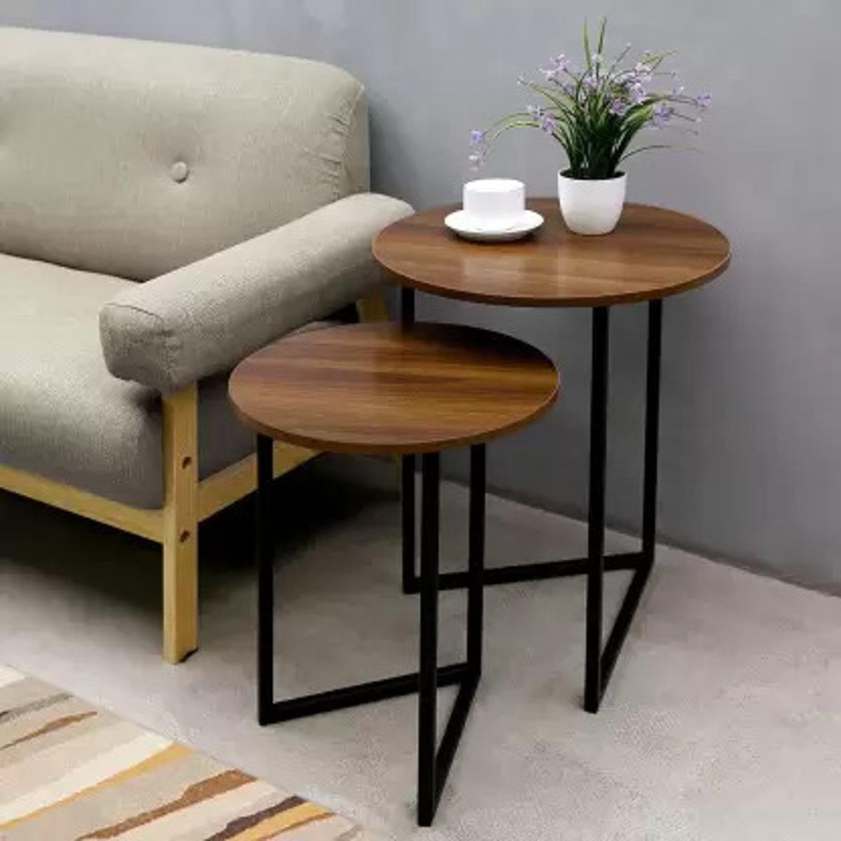 Modern Nesting Round Side Table Set – 2-Piece Wood & Metal Modern Nesting Round Side Table Set – 2-Piece Wood & Metal