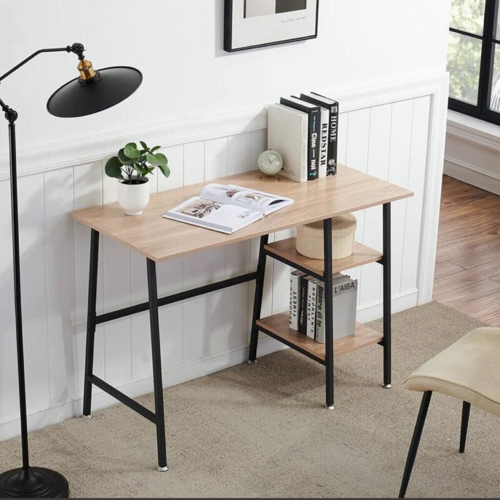 Modern Study Desk with Shelves – Wood & Metal Desk