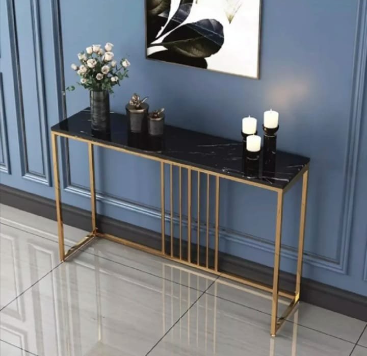 Wooden Console Table with Marble Pattern Top & Golden Frame